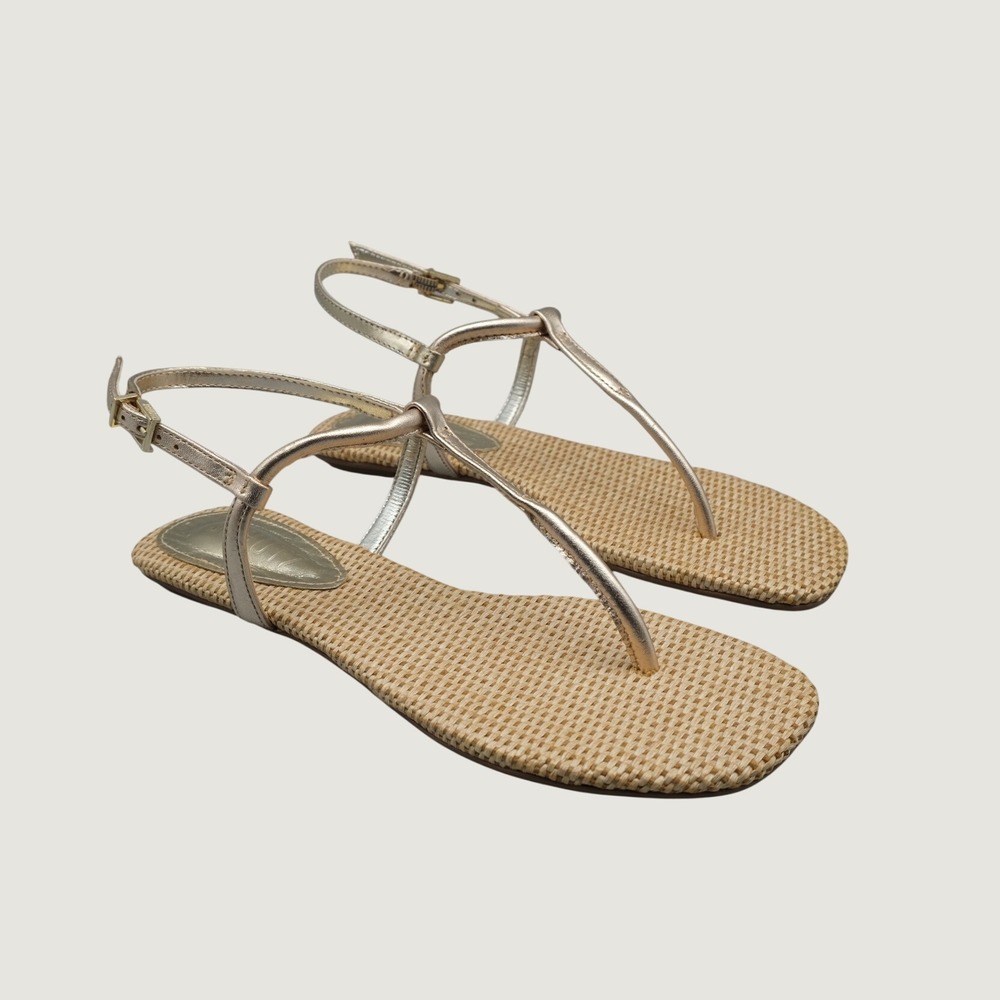Schutz Elsha Gold Metallica Leather Straw Flat Thong Sandals 5.5